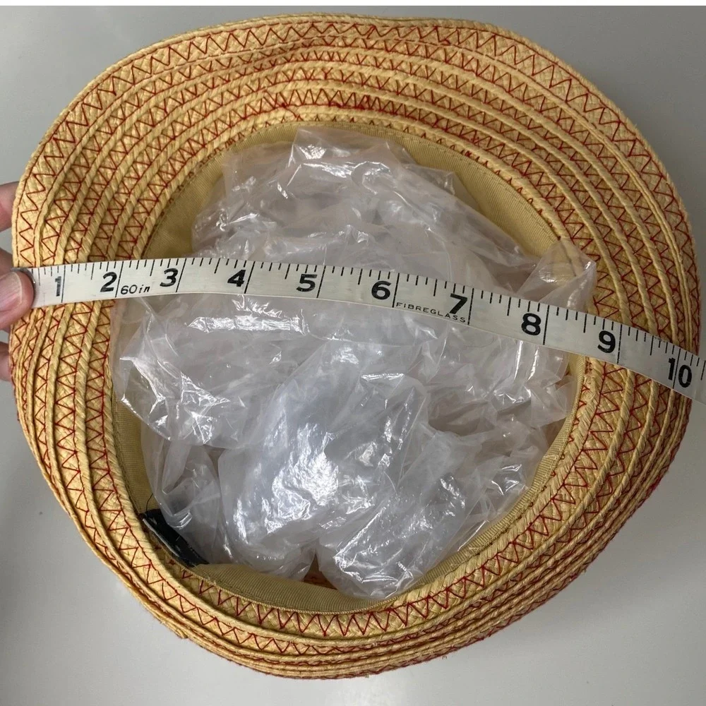 Ann‎ Taylor Womens Straw Bucket Hat Tan Red Zigzag Stitch Sun Hat Cottagecore